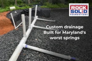 Water pooling around a home foundation in spring, Rock Solid Foundations, drainage solutions experts in MD